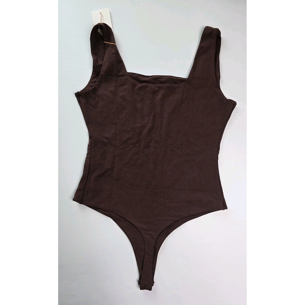 Quince Organic Cotton High Cut Thong Bodysuit L Chocolate Brown Square Neck NWT
